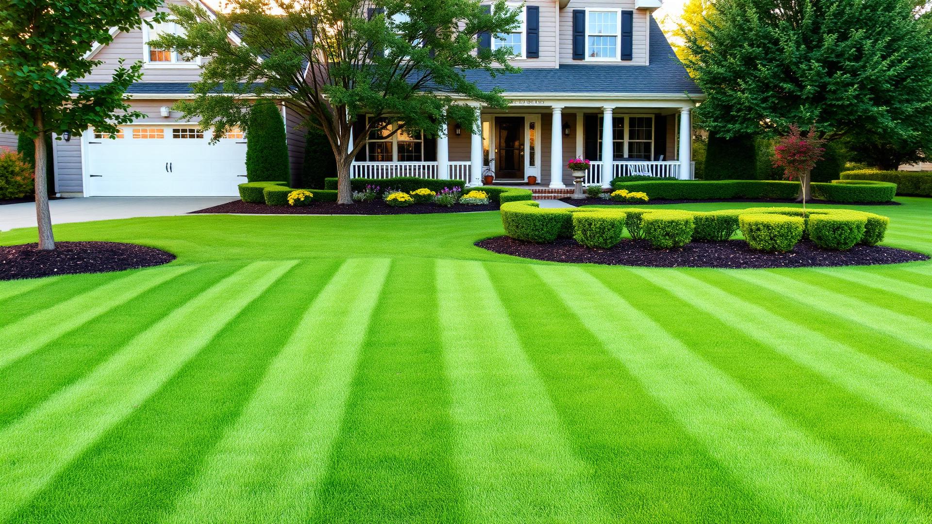 Freshly mowed lawn with crisp stripes in front of a landscaped home